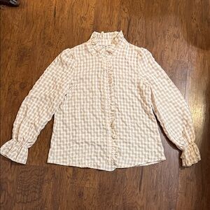 Button-Down Ruffle Collar Gingham Shirt - Beige/White